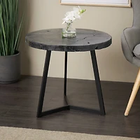 21.5" Black Teak Wood Handmade Live Edge Accent Table with Black Metal Base
