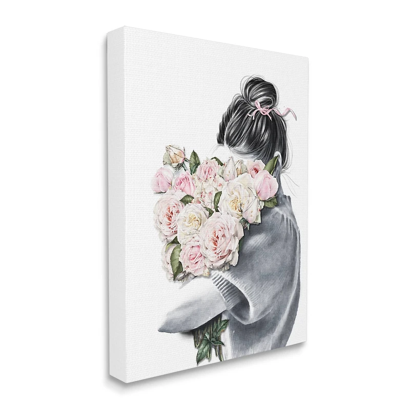 Stupell Industries Woman Smelling Bouquet Pink Pop Rose Florals Canvas Wall Art