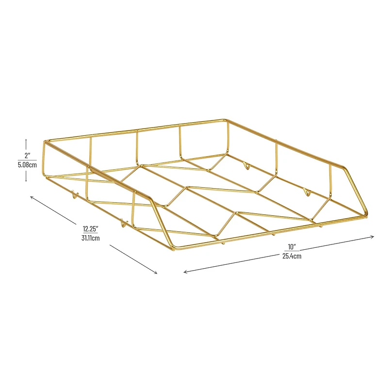 Mind Reader Gold Geometric Paper Tray, Modern Organizer for Documents, Folders, and Office Supplies, Durable and Stylish, Metal, Gold