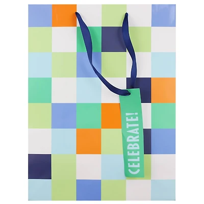 16" Green, Blue & Orange Check Print Gift Bag by Celebrate It™