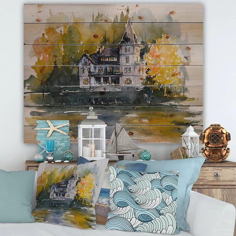 Designart - Castle By The Lake With Autumn Trees