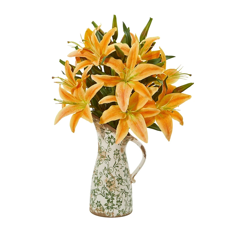 21" Orange Lily Arrangement in Green & White Distressed Floral Pitcher