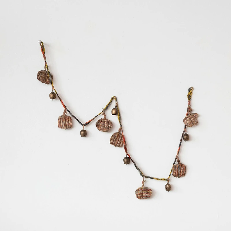 Hello Honey® 6ft. Decorative Hand-Woven Mélange Fabric Pumpkin & Metal Bell Garland