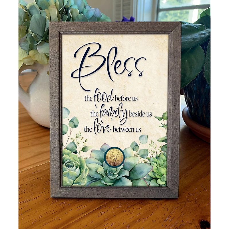 Bless Food, Family, Love With Angel Coin in 5" x 7" Frame