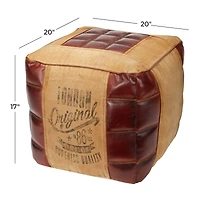 Brown Canvas and Leather Rustic Pouf, 17" x 20" x 20"