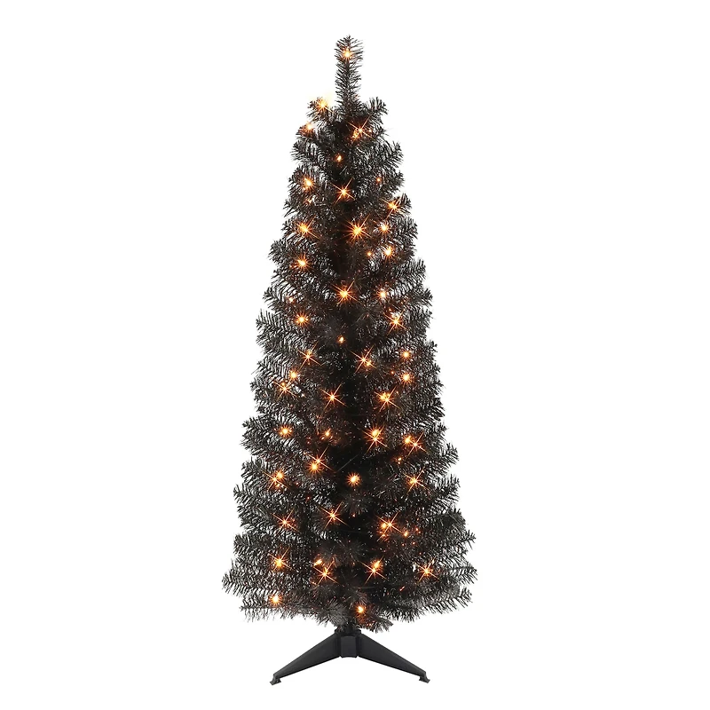 4.5ft. Pre-Lit Black Tinsel Artificial Christmas Tree, Clear Lights