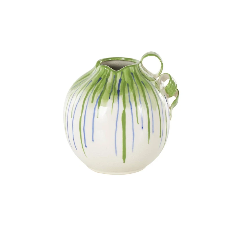 10.5" White Ceramic Vase with Green & Blue Drip Design & Handles
