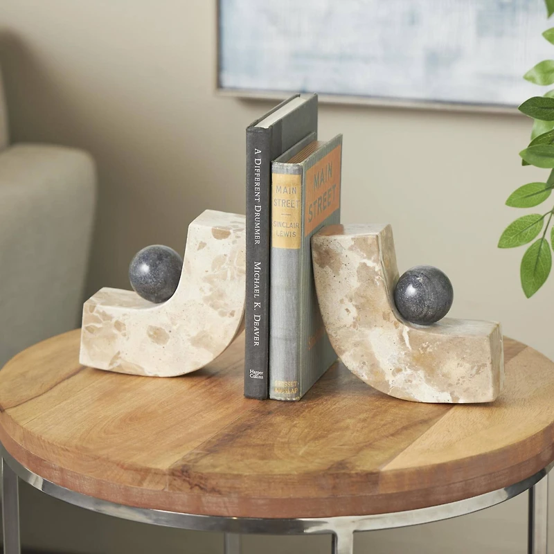 5" Brown Marble Arched Curved Bookends with Black Orbs, 2ct