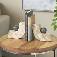 5" Brown Marble Arched Curved Bookends with Black Orbs, 2ct