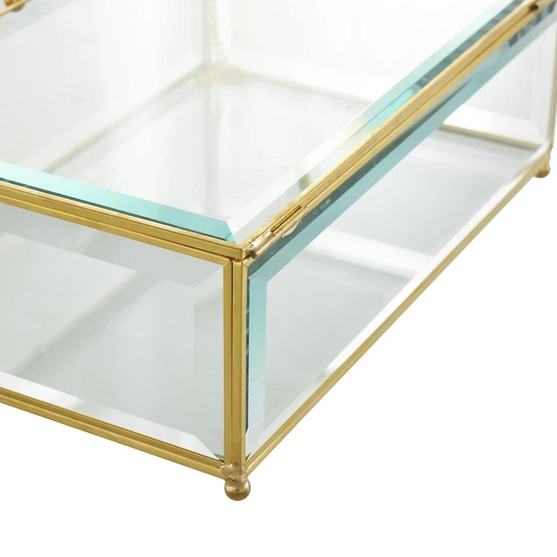 Clear & Gold Beveled Glass & Metal Rectangle Footed Jewelry Box with Chain Accent Set