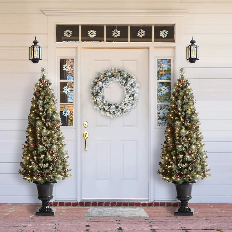 6ft. Pre-Lit Frosted Pinecones & Red Berries Artificial Christmas Porch Tree, Warm White LED Lights