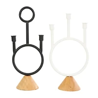 Black & White Metal Abstract Circular Ring Candle Holder with Wooden Cone Bases Set