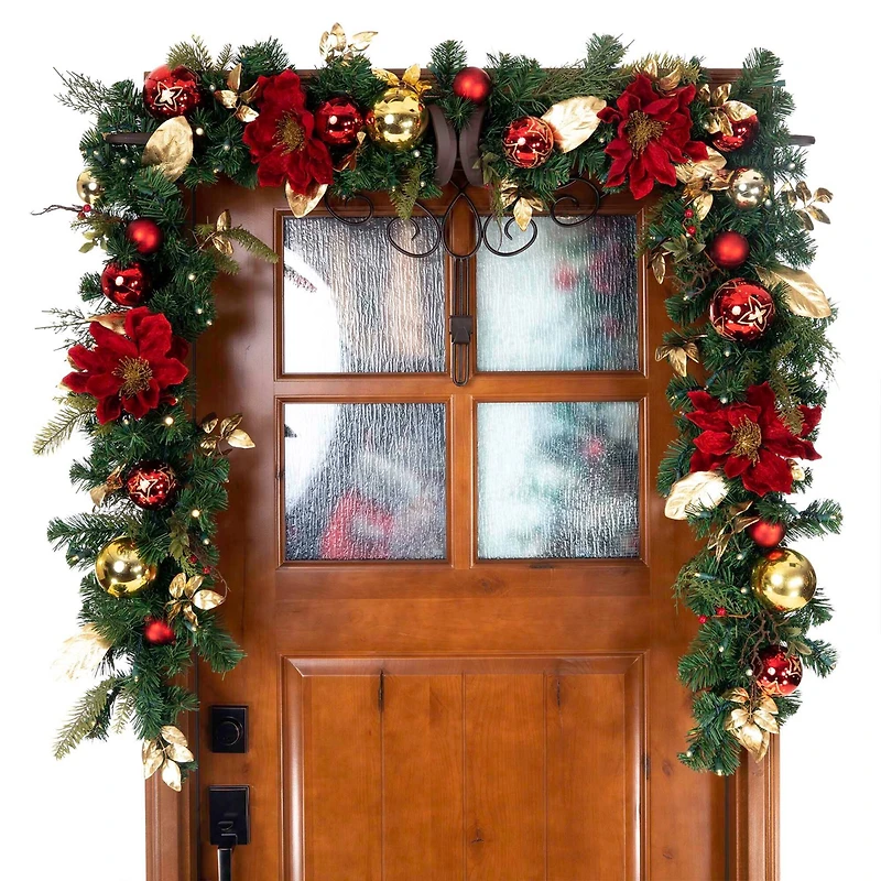 9 ft. Pre-Lit LED Golden Leaf Red Magnolia Artificial Christmas Garland