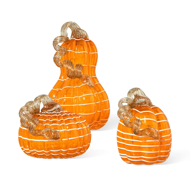 Glitzhome® Orange and White Lines Glass Pumpkin & Gourd Set