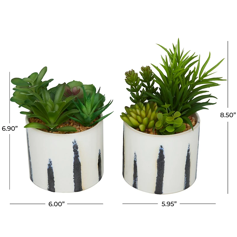 Novogratz Green Faux Foliage Succulent in Patterned Porcelain Pot Set