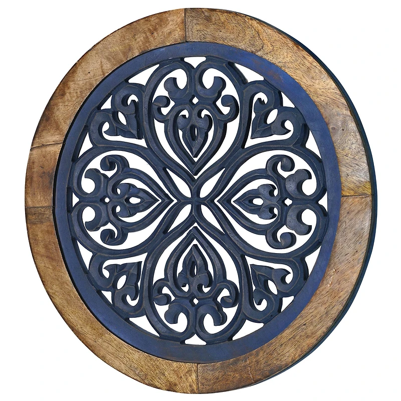 American Art Décor™ 16" Distressed Wood Framed Round Navy Blue Wall Accent Medallion Art