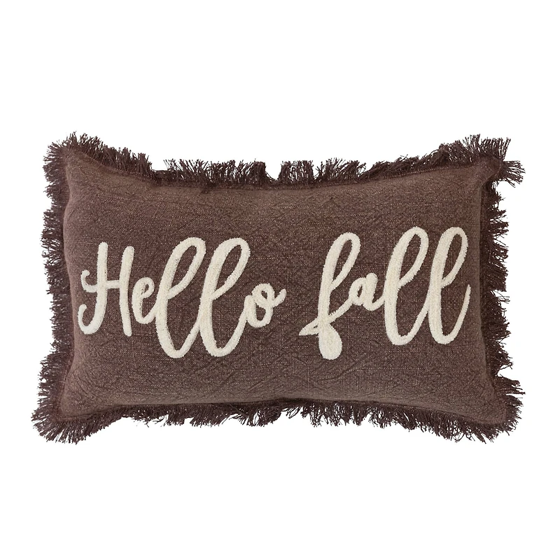 Hello Honey® 20" x 12" Brown & Cream Hello Fall Stonewashed Cotton Tufted Lumbar Pillow with Fringe