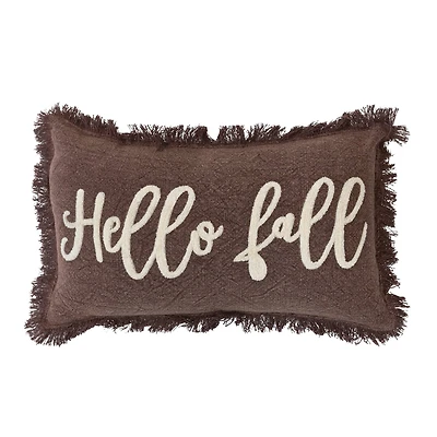 Hello Honey® 20" x 12" Brown & Cream Hello Fall Stonewashed Cotton Tufted Lumbar Pillow with Fringe
