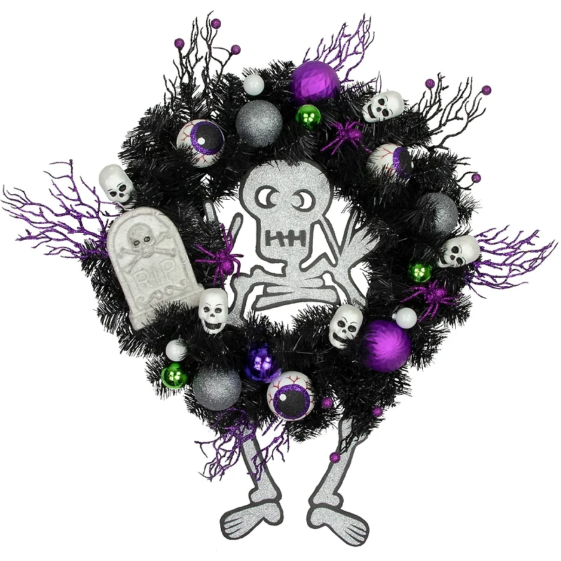 24'' Unlit Purple and Black Spooky Skeleton Pine Halloween Wreath