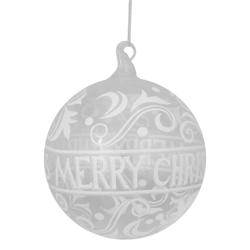 6" Clear & White "Merry Christmas" Glass Ball Ornament