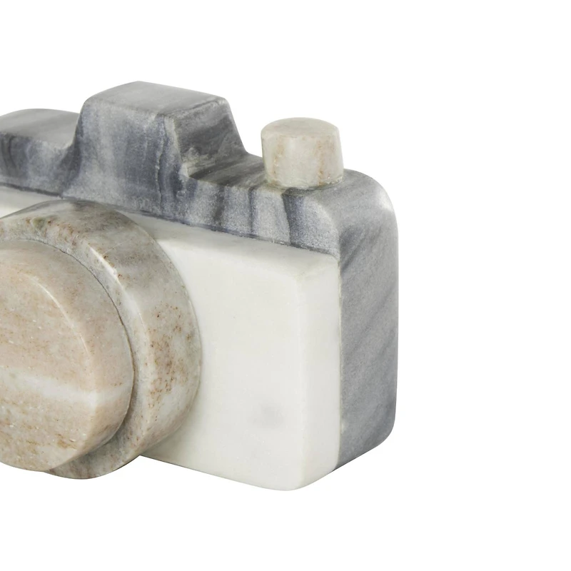 5" White Abstract Marble Digital Camera Sculpture with Beige & Gray Accents