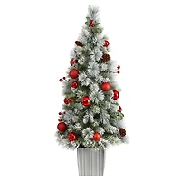 4ft. Pre-Lit Winter Flocked Artificial Christmas Tree in Decorative Planter, White LED Lights