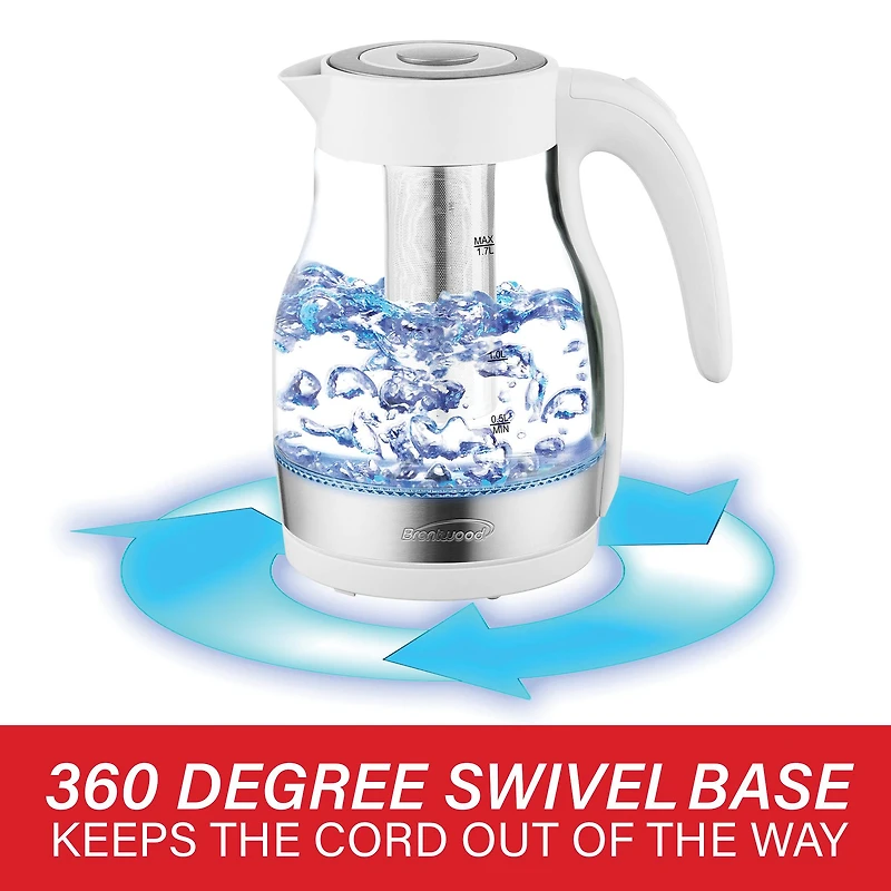 Brentwood 1.79qt. White Cordless Glass Electric Kettle with Tea Infuser and Swivel Base