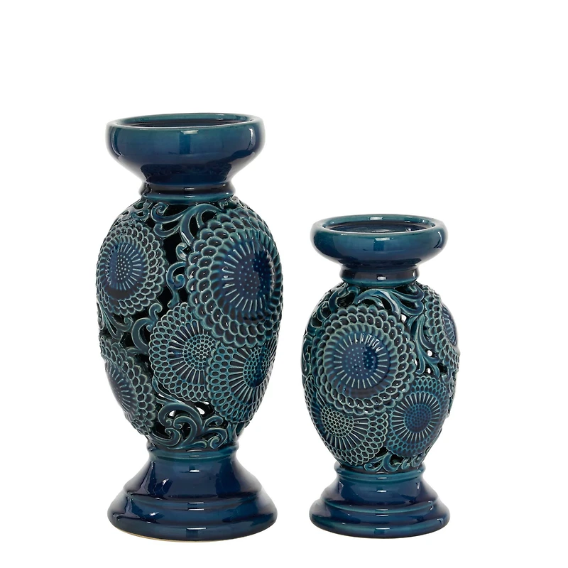 Blue Ceramic Eclectic Candle Holder Set