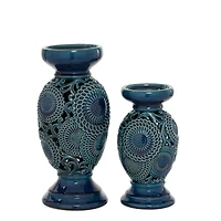 Blue Ceramic Eclectic Candle Holder Set