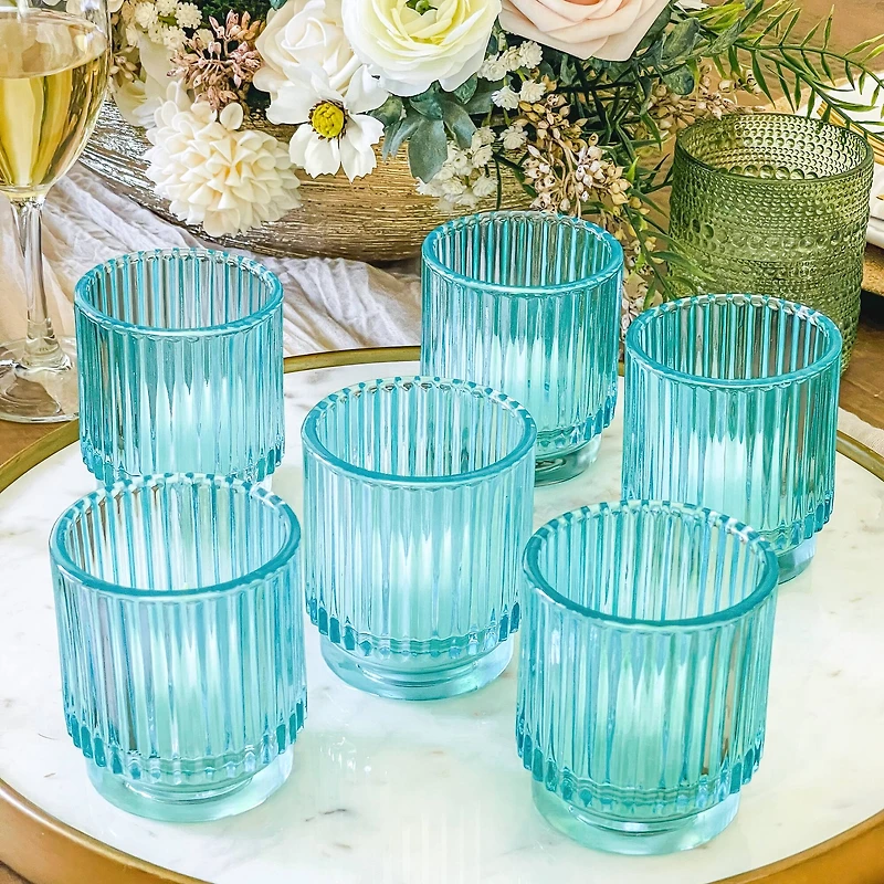 Kate Aspen® Ribbed Blue Glass Votive Candle Holder Set