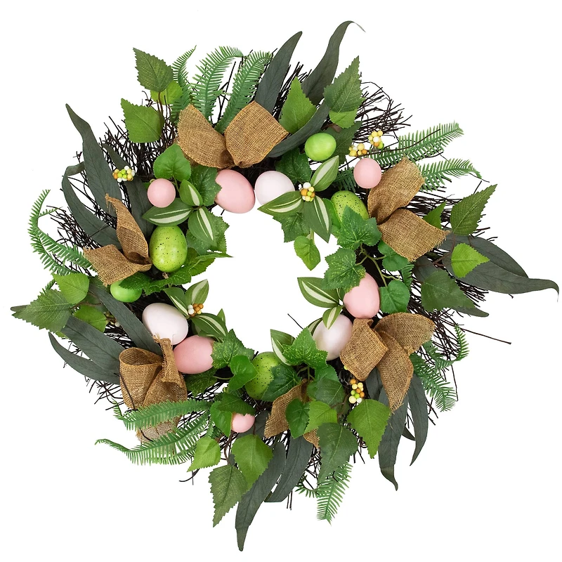 22" Easter Egg & Burlap Ribbon Mixed Foliage Twig Wreath