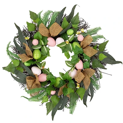 22" Easter Egg & Burlap Ribbon Mixed Foliage Twig Wreath