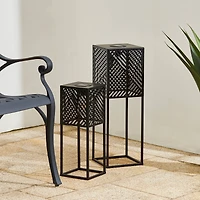 Glitzhome® Black Metal Stripes Geometric Solar Powered Edison Bulb Outdoor Lantern Set