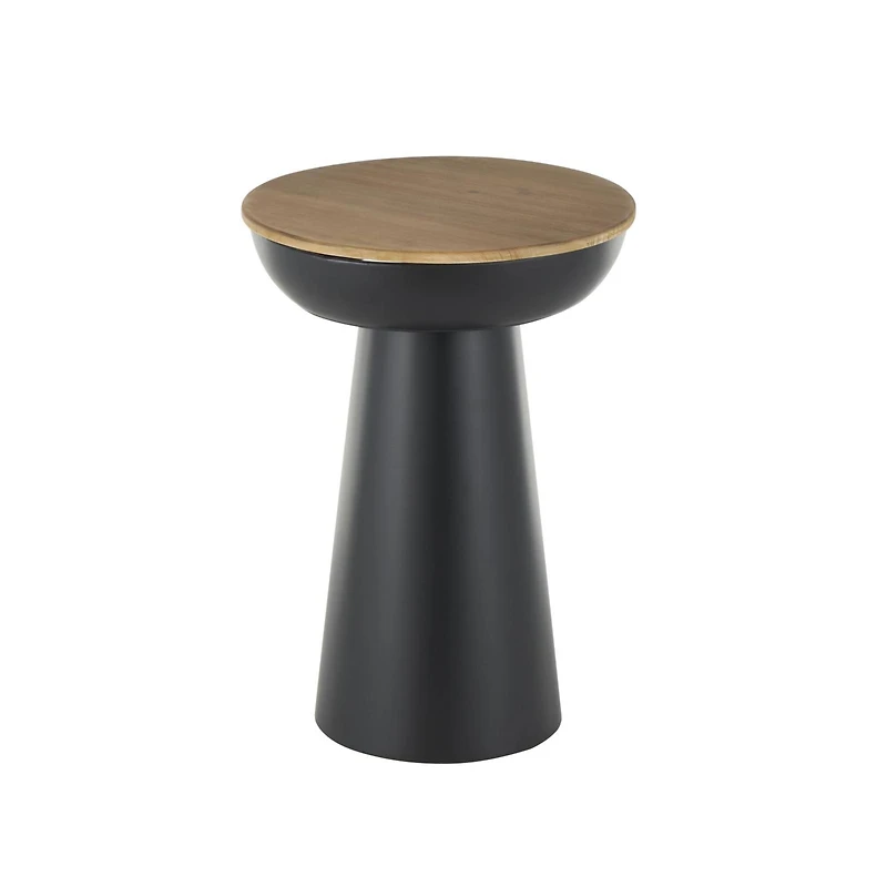 21" Black Metal Pedestal Accent Table with Brown Wood Tabletop