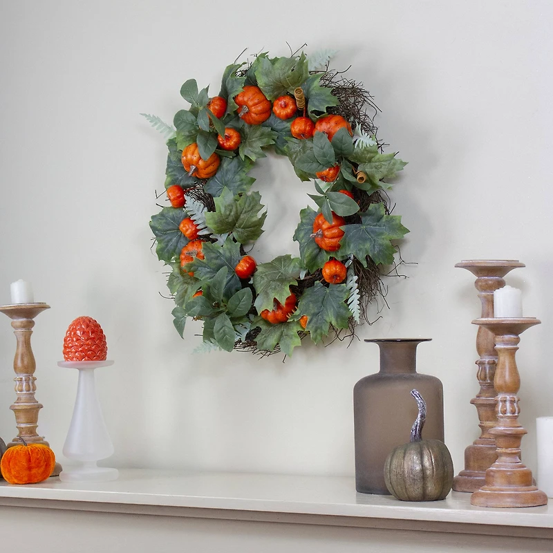 24'' Maple & Fern Leaves w/ Orange Pumpkins Artificial Wreath