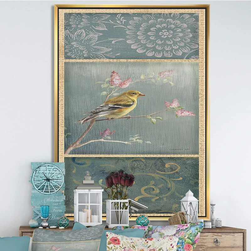 Designart - Farmhouse Triptych of Blue Ornaments And Chickadee Goldfinch