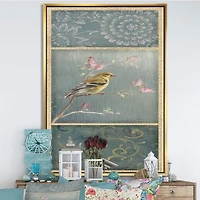 Designart - Farmhouse Triptych of Blue Ornaments And Chickadee Goldfinch