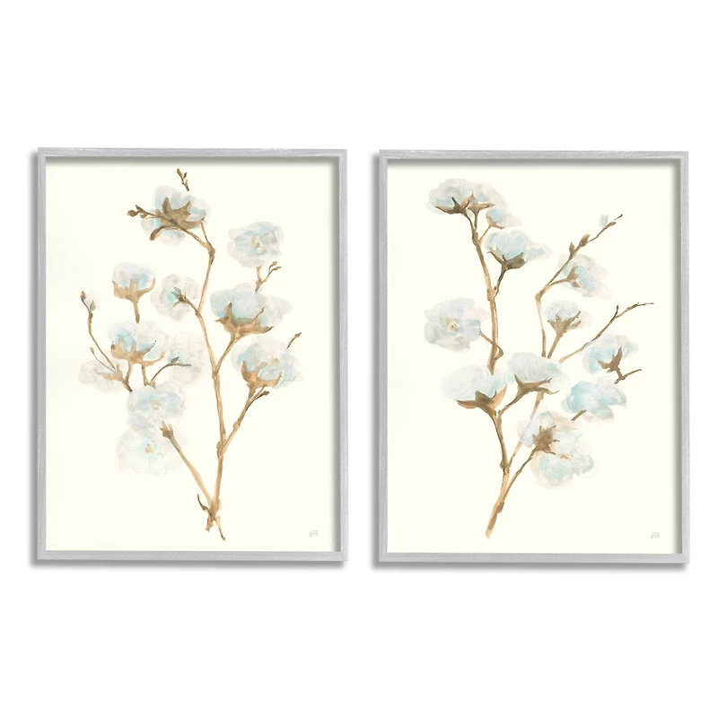 Stupell Industries Cotton Flower Stems Gray Framed Wall Art Set