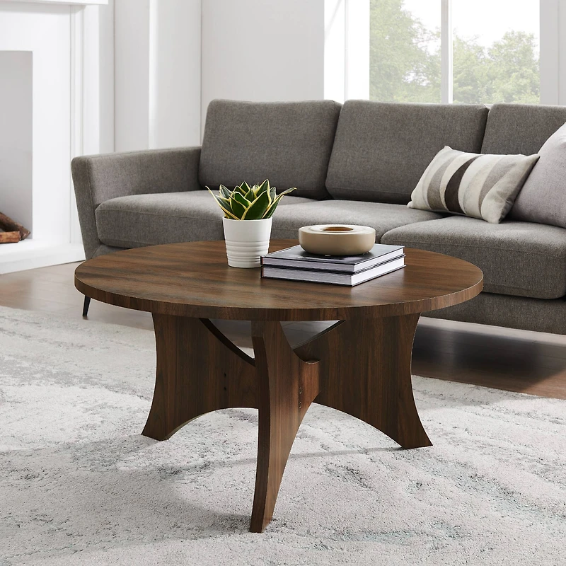 36" Dark Walnut Mid Century 3-Leg Round Coffee Table
