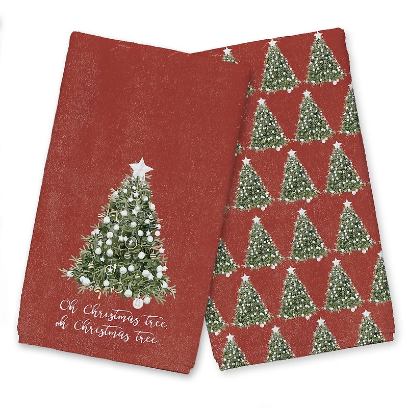 Oh Christmas Tree on Red Background Tea Towel Set