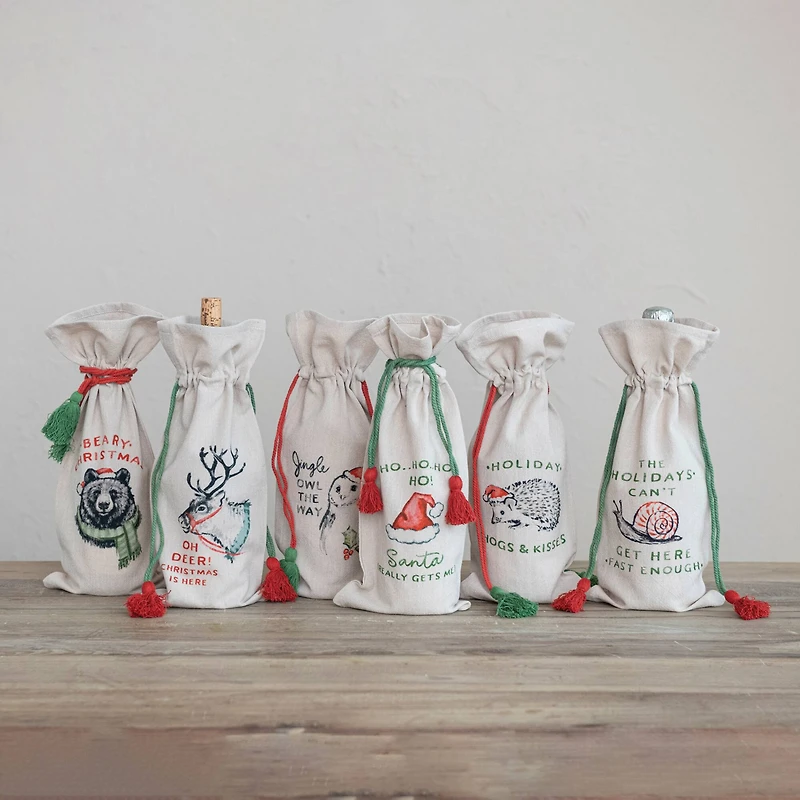 Hello Honey® 14" Cotton Chambray Printed Drawstring Wine Bag Set