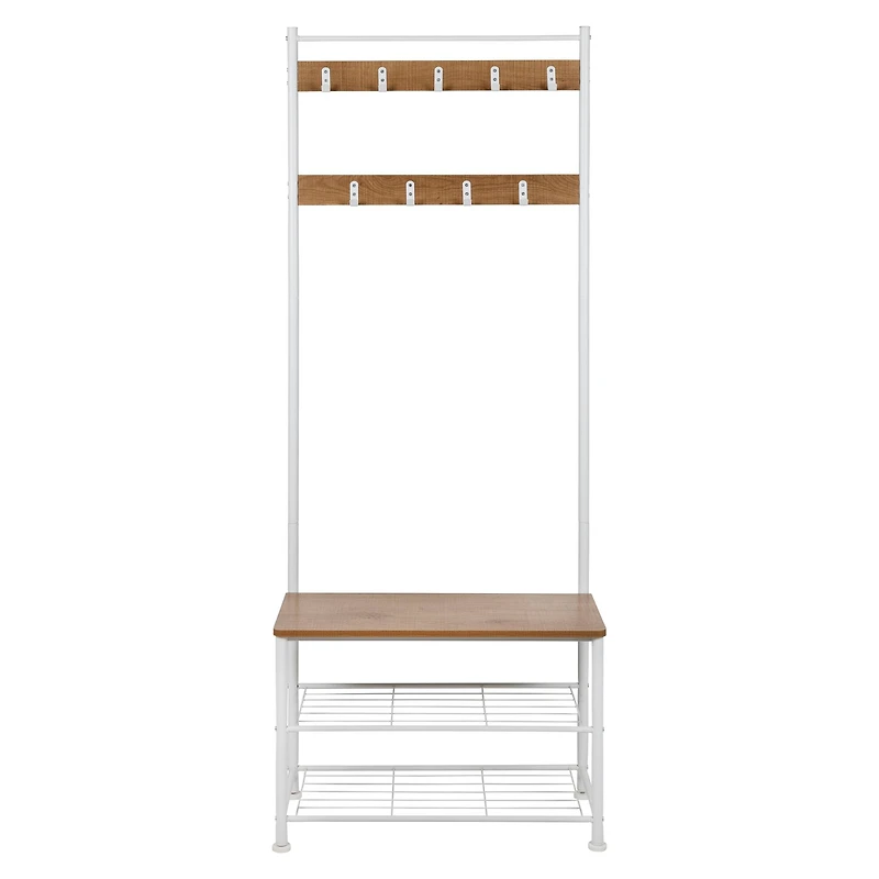 Honey Can Do White & Walnut Entryway Hall Tree with Bench & Shoe Storage