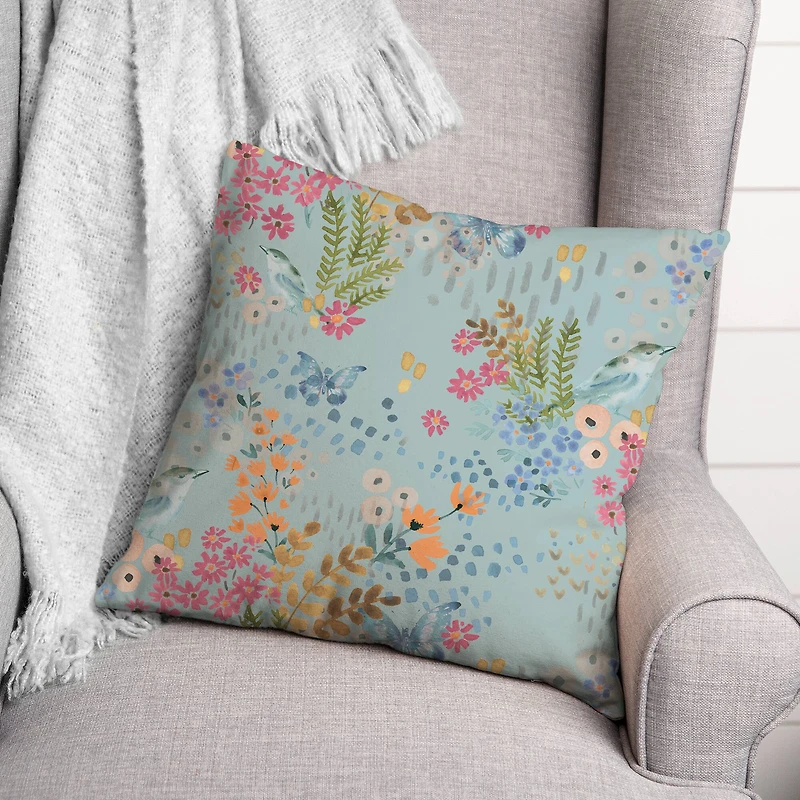 Butterfly Bird Floral Square Throw Pillow