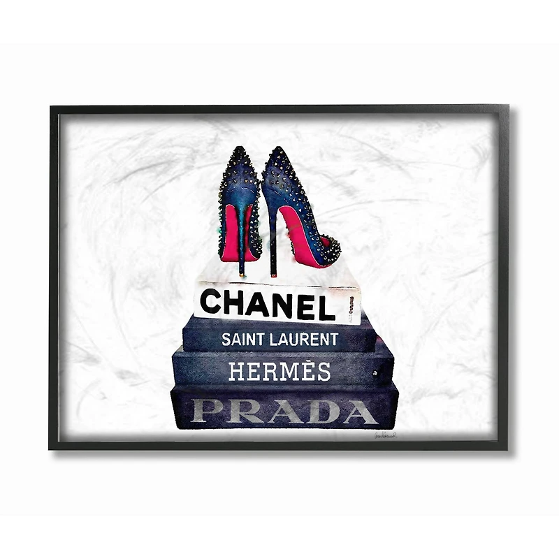 Stupell Industries Fashion Book Stack & Black Pumps Wall Art in Black Frame