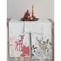 Hello Honey® 72" Natural White Cotton & Linen Printed Table Runner with Flora/Fauna Pattern & Metallic Gold Thread Embroidery