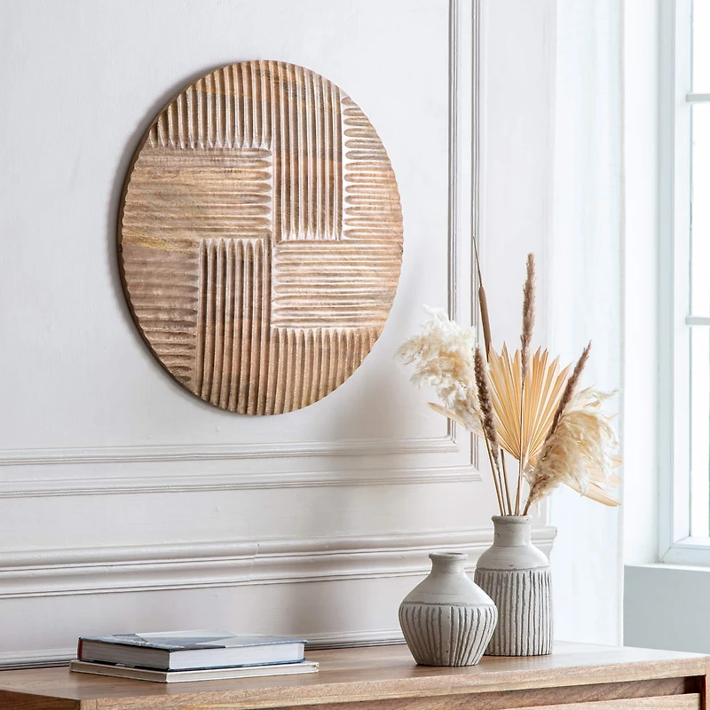 Habitat Izzy 20" Natural Crosshatch Round Wood Wall Art