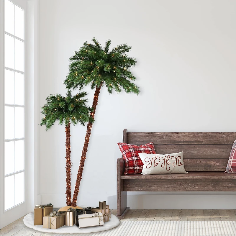3.5ft. & 6ft. Double Trunk Pre-Lit Artificial Palm Tree, Clear Lights