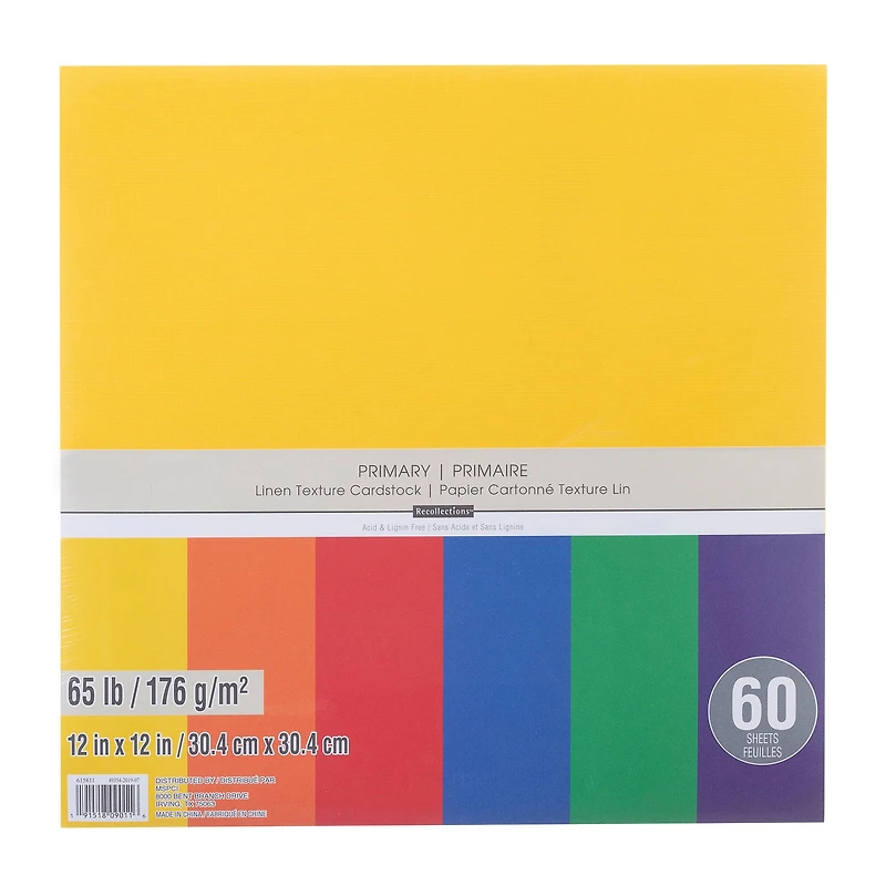 9 Packs: 60 ct. (540 total) Primary 12" x 12" Linen Texture Cardstock by Recollections™