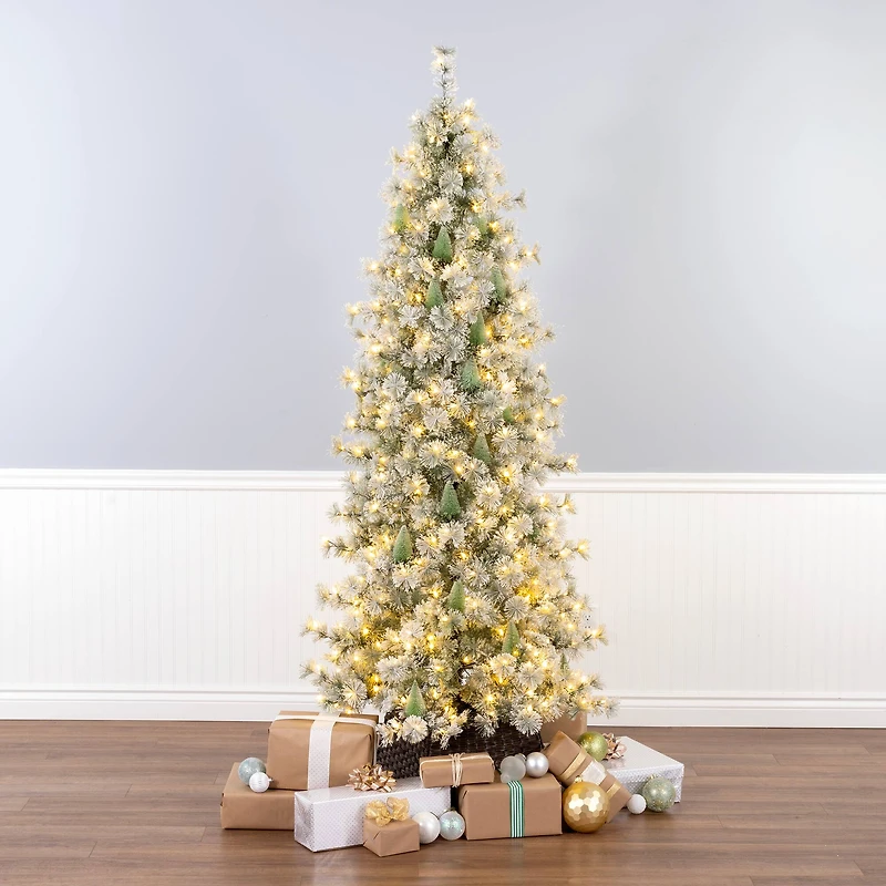 7.5ft. Pre-Lit Snowy Bottle Brush Slim Artificial Christmas Tree, Clear Lights