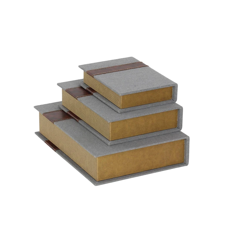 Gray Linen Faux Book Box with Faux Leather Detailing Set